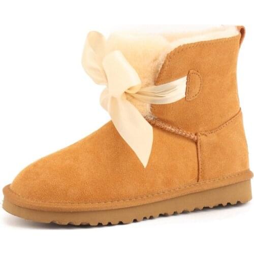 Cowhide Leather Short plush Fur Lined Women Short Ankle Winter Suede Snow Boots Bowknots Mink Tassels Warm Bandage Shoes big 44