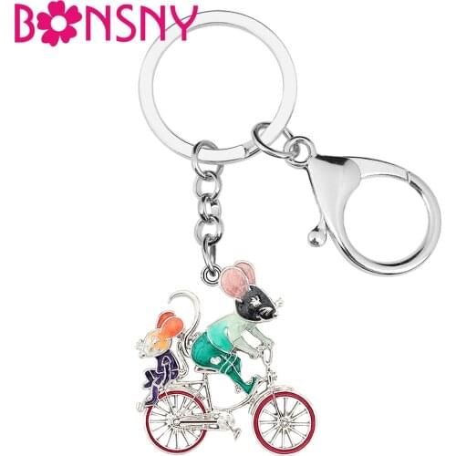 BONSNY Enamel Alloy Floral Cute Cycling Rat Bicycle Keychains Ring Handbag Accessories Key Chain Novelty Jewelry For Women