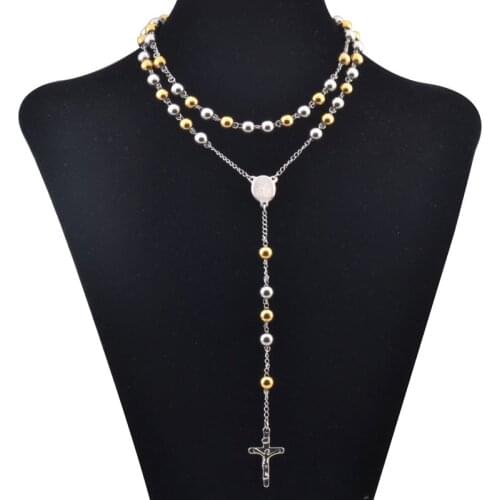 Womens Rosarios Catolicos Para Gold Black Tone Stainless Steel 8mm Bless Rosary Beads Chain Fashion Sweater Necklace
