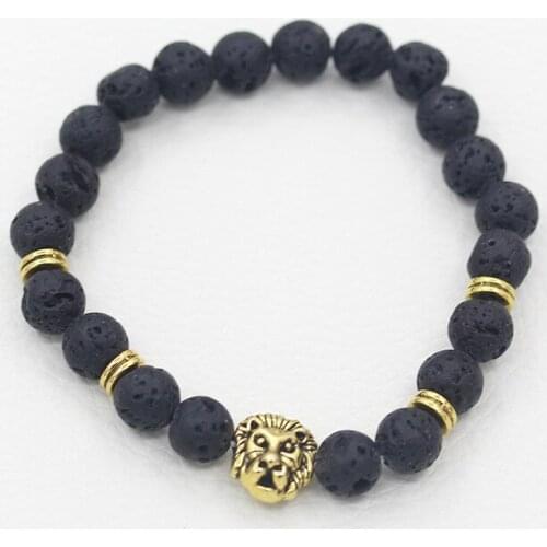 Lion Leopard Head Black Volcanic Stone Matte Buddha Beads Chain Golden Silver Plated Bracelets for Women Diameter around 7 cm