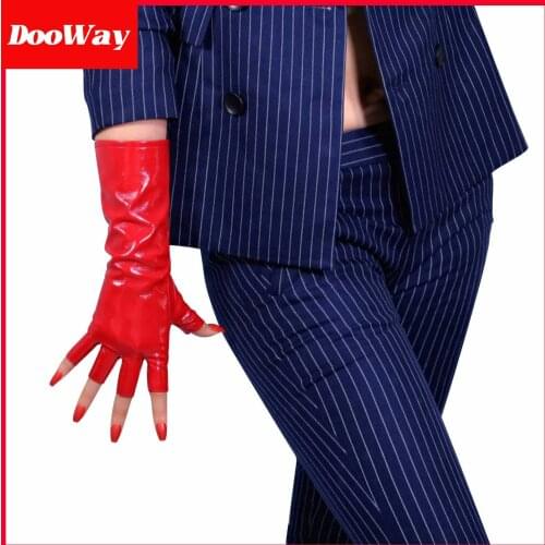 DooWay Half Finger Long Leather Glove for Women Motorcyle Punk Faux Patent PU above Wirst 11 inches Hot Red