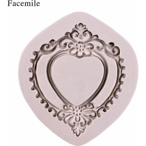 Facemile 1PCS 3D Vintage Heart Shape Mirror Frame Silicone Mold Lace Mould Fondant Chocolate Molds Cake Decorating Tools