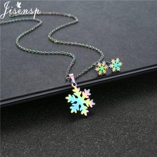 Jisensp Christmas Women Jewelry Color Snowflake Choker Necklace Earrings Simple Fashion Stainless Steel Jewelry Sets bijoux
