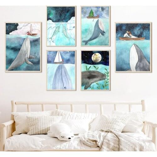 Whale Narwhal Girl Boy Ocean World Nursery Wall Art Canvas Painting Nordic Posters Prints Wall Pictures For Baby Kids Room