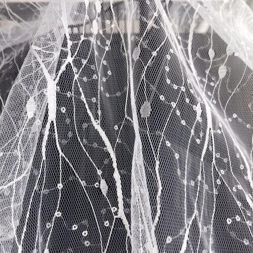 1 Yards 150CM Width Fashion Dress Top Quality Off White Gorgeous Embroidered French Lace Fabric Sequins Bridal Lace Fabric