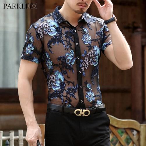 Luxury Floral Embroidery Men Transparent Dress Shirt 2018 Brand New Short Sleeve See Through Sexy Lace Shirts Men Camisa Social