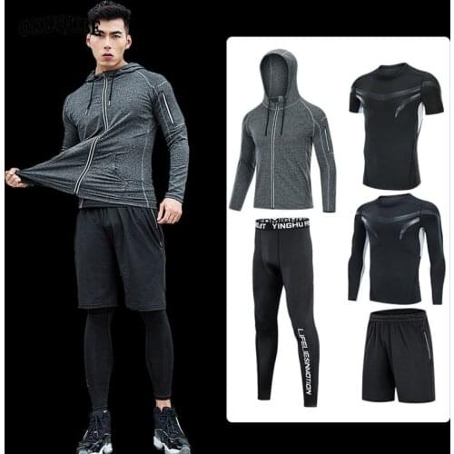 Man Sportswear Hooded Gym Clothes Reflective Quick-dry Workout Clothes Black Gray Training Jogging Running Sports Sets Men M-4XL