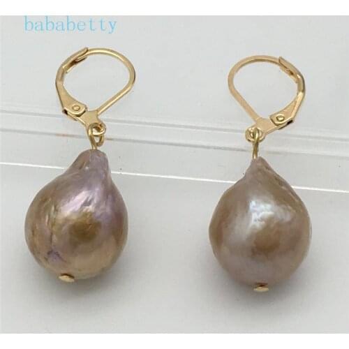 New 12 x18mm purple baroque real natural pearl Tibetan silver fashion earrings