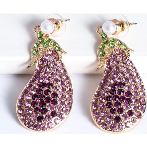 Wholesale Eggplant Earrings New Purple Rhinestone Pendant Earring Big Statement Cute Foodie Drop Earring For Women 2021 Za Gift