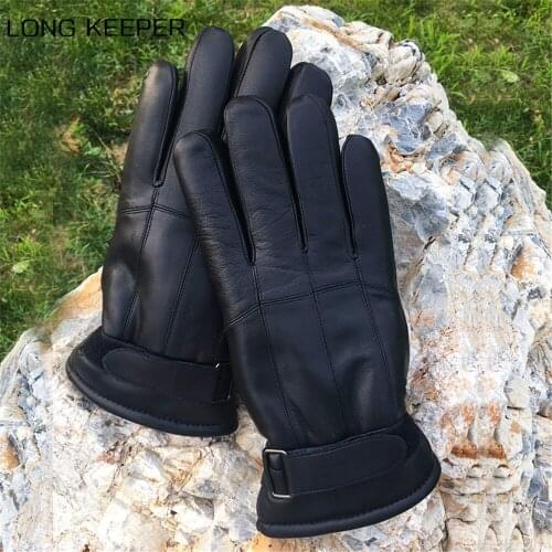 2020 New Winter Warm Men Genuine Leather Gloves Luxury Black Full Finger Gloves Windproof Male Sheepskin Wool Driving Mittens