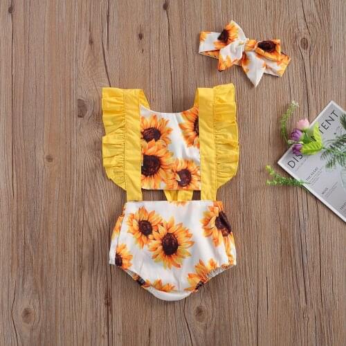 Toddler Newborn Girl Casual Outfits Sunflower Printed Ruffle Sleeveless Lace Up Bodysuit and Bowknot Headband 2PCS Set