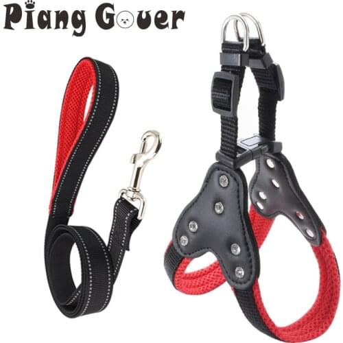 Simple Reflective Dogs Collars Harnesses Nylon Dog Leash For Small Puppy Bling Rhinestone Pet Harness