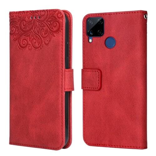 Luxury Leather Case for Realme C15 Flower Embossing RMX2180 RMX2027 RMX2020 Wallet Flip Phone Case for Realme C 15 Cover