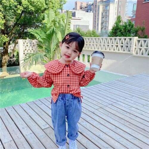 2020 Baby Girl Shirts Korean Plaid Doll Collar Blouse for Toddler Girls Long Sleeve Split Girls Shirt Kids Autumn Clothig New