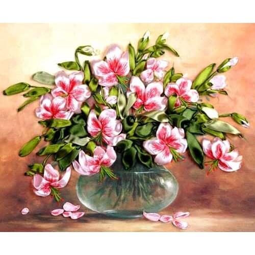 Needlework, Ribbon Cross stitch Sets for Embroidery kit, Beautiful vase Lily flowers Cross-Stitch handwork wall decoration
