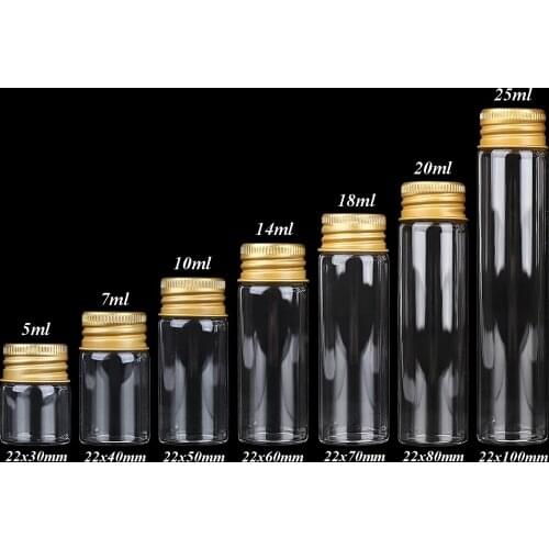 10pcs Dia 22mm 5ml/7ml/10ml/14ml/18ml/20ml/25ml Glass Bottles Glass Jars with Golden Aluminum Lids Spice Jars Perfume Bottles