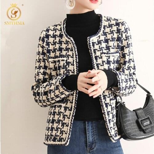 Houndstooth Tweed Jacket 2021 New Autumn Winter Womens O-Neck Long Sleeve Ladies Woolen Outerwear