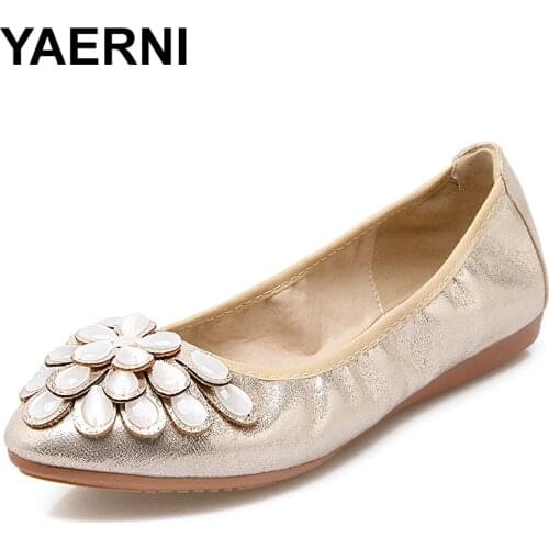 YAERNI New Fashion Female Flat Shoes Women Foldable Ballet Princess Shoes Crystal Boat Shoes Woman Rhinestone Women Flats E743