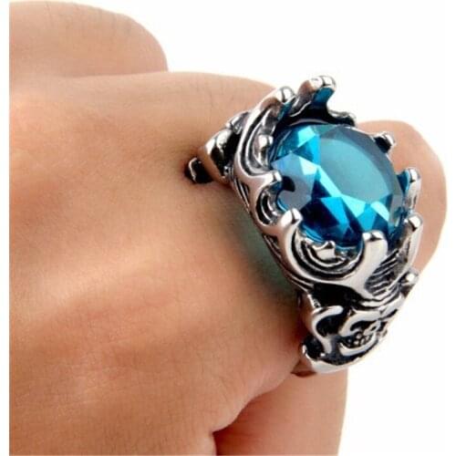 Stainless steel jewelry Gentleman personality retro titanium steel skeleton with Blue stone ring