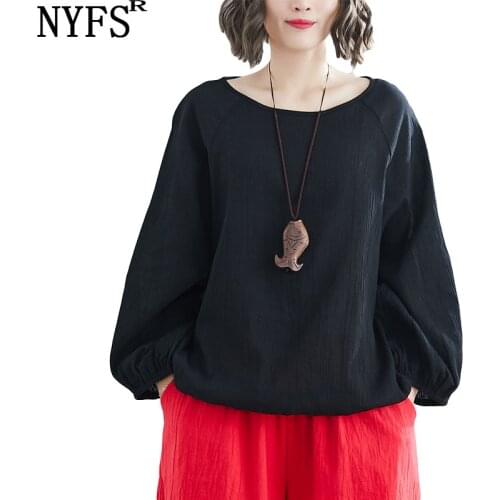 NYFS Vintage 2021 New Casual Cotton Linen Long Sleeve Female Blouse Spring Autumn O-neck Loose Women Cloths Chinese Style Tops