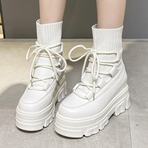 Fashion Knitting Elastic Socks Boots Women Shoes 2021 Autumn New Lace Up Casual Platform Boots Women Height Increase Shoes
