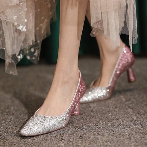Womens Pointy Toe Sequins Crystal Bling Strange High Heel Shoes Wedding Party Pumps Plus Size 34-43 Match Colors New 2021 W01