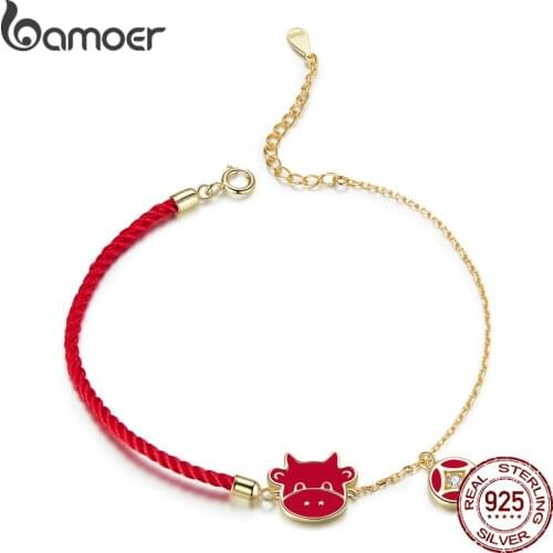 Bamoer Silver Lucky Calf Bracelet 925 Sterling Silver Red Rope and Gold Color Chain Women Fashion Bracelets Jewelry Gift SCB207