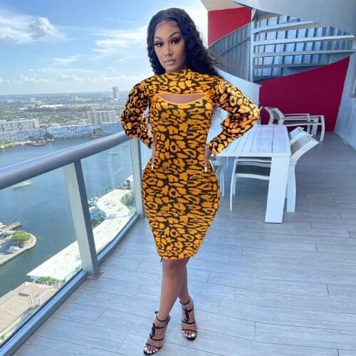Cheetah Leopard Print 2 Piece Matching Set Womens Suit Long Sleeve Super-short Crop Top+spaghetti Strap Bandage Dress Clubwear