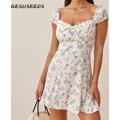 2021 Summer women dress casual short sleeve dresses floral print A line dress white mini dresses ruffle square neck dress bow