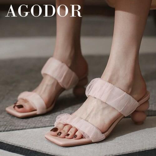 AGODOR High Heels Square Toe Slides Woman Shoes Slippers Strange Style Heel Summer Sandals Fashion Ladies Footwear Pink Size 40
