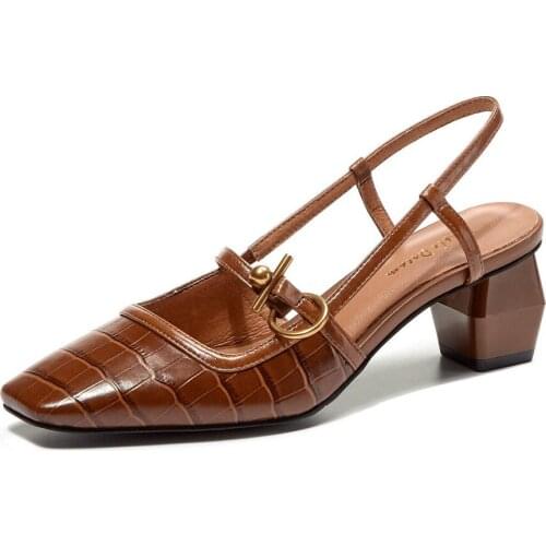 Femmes Sandales Retro Genuine Cow Leather new crocodile pattern medium thick Heels BaoToe Women Sandals