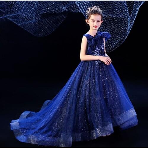 Flower Girl Dresses Royal Blue Ball Gown Kids First Communion Pageant Party Wedding Princess Train Dress for junior bridesmaid