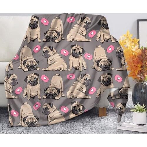 Cute Animal Pug Dog Flannel Soft Warm Blanket Printed Anime Quilts Bedding Cover Sofa Travel Office Fashion Anime Throw Blanket