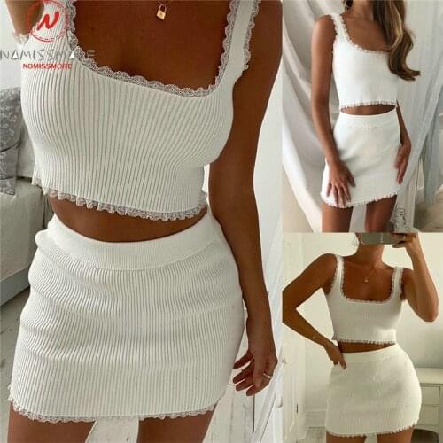Sexy Women Summer Solid Color 2 Piece Set Lace Decor Square Collar Sleeveless Slim Short Tanks+Elastic Waist Slim Hips Skirts