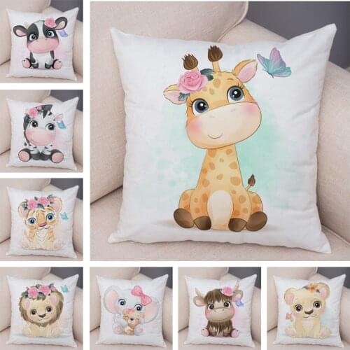 Cute Giraffe Lion Cow Pillow Case Decor Cartoon Animal Print Cushion Cover Soft Plush Pillowcase for Children Room Sofa Home