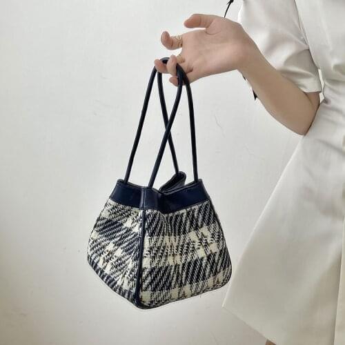 Fashion Womens Canvas Shoulder Bags High Quality Ladies Hobos Underarm Bag Retro Plaid Female Small Tote Bucket Purse Handbags