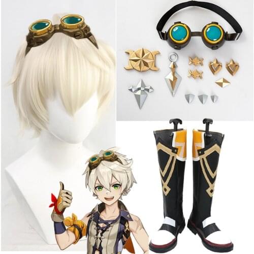 Genshin Impact Bennett wig Shoes Cosplay Shoes Boots Halloween Carnival Cosplay Costume Accessories Halloween wig glasses Props