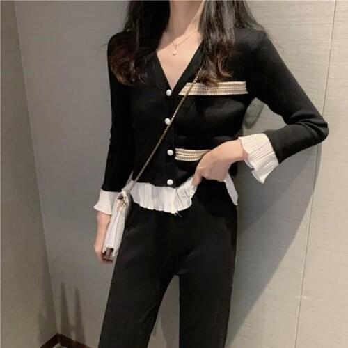 Fall Women Casual Knitted Sets Solid Sweater & Pants Ladies Chiffon Ruffles Hem V-neck Tops Straight Long Pants 2pcs Set
