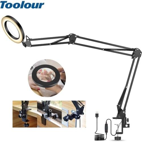 Toolour Desk Clamp LED 5X Magnifying Glass 3-Section Handle Welding Lighting Magnifier Manicure Reading Tattoo llumination Tool