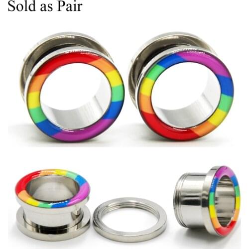 2pc Surgical Steel Rainbow Epoxy Ear Screw Flesh Tunnel Plug PIercing Gauge Expander Stretcher Hollow Body Jewelry