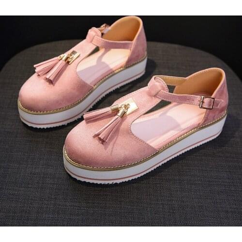 Cross-border large size fashion new summer ladies' platform sandals with tassels non-slip thick-soled buckle solid color sandals