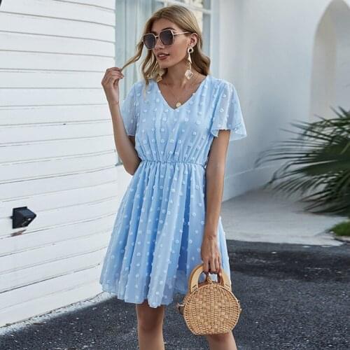 Chiffon Above Knee Dress Women Boho Solid Color V Neck Fashion Short Sleeve Casual Loose Elegant Streetwear Beach Dresses