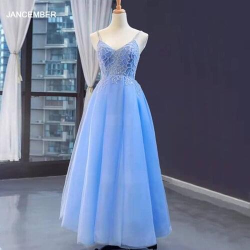 J66923 jancember blue prom dresses sexy a-line sweetheart spaghetti strap beach dress for girl homecoming платье вечернее 2019