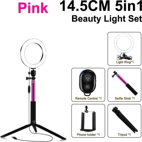 14.5cm/5.7Inch 3200K-5600K LED Ring Light with Ball Head Remote Control Phone Holder Tripod Selfie Stick for Live Photography