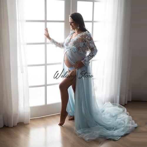 A-Line Sky Blue 3D Flower Appliques Tulle Maternity Dresses V-Neck See Thru Front Open Long Dress Robe Women Plus Size