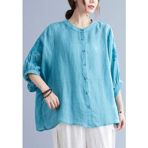 Women Cotton Linen Casual Shirts New 2021 Summer Simple Style Vintage Embroidery Solid Color Loose Female Half Sleeve Tops B788