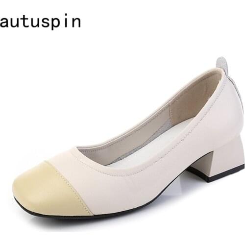Autuspin Cowhide Womens Casual Pumps Fashion Genuine Leather Thick Heels Shallow Basic Pump Female Daily Office Working Shoes