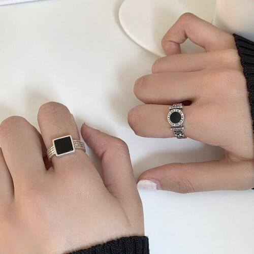 Silver 925 Woman Rings Retro Black Drop Glaze Round Square Geometric Creative Open Jewelry Accessories Fashion Couple Ring