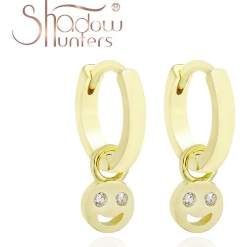 SHADOWHUNTERS Women Jewelry 925 Sterling Silver Cute Smile Huggies Hoop Earrings with Zircon Eyes Removable DIY Charms Earrings