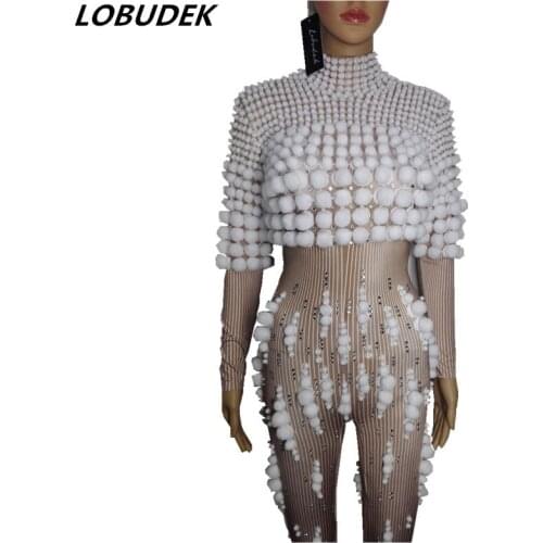 Female costume crystals sexy Jumpsuit white ball outfit singer dancer nightclub Stag Party bar Prom star bar performance show